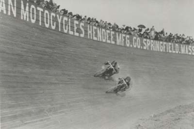 Morty Graves in the lead at Springfield, Massachusetts Boardtrack with two racers